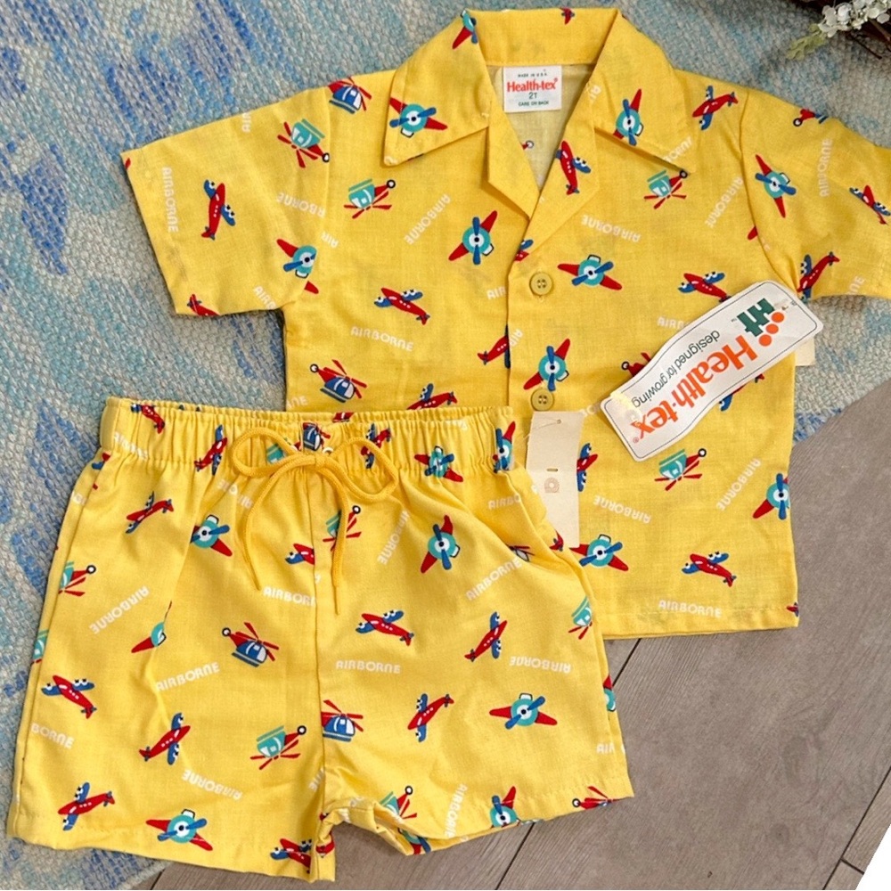 NEW Vintage Healthtex Toddler Yellow Airplane Outfit Set Button Down & Shorts - Picture 12 of 16